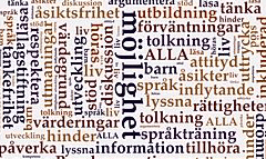 Ett ordmoln med ord i olika storlekar och färger för att illustrera språk- och uttalsträning som sidan handlar om.