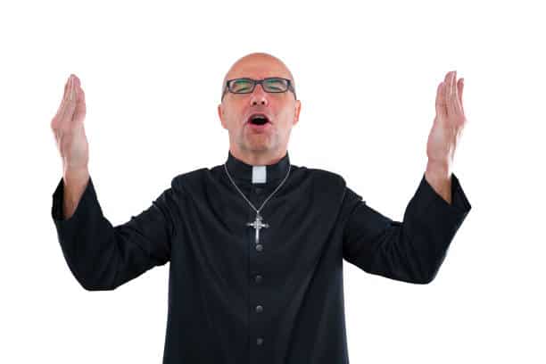 Priest blessing open hands singing shout with cassock isolated on white