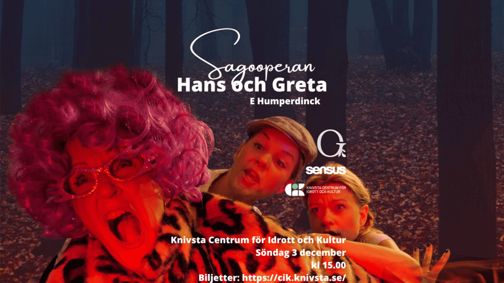 Sagooperan Hans och Greta. Man ser häxan på väg in i ugnen och Hans och Greta.